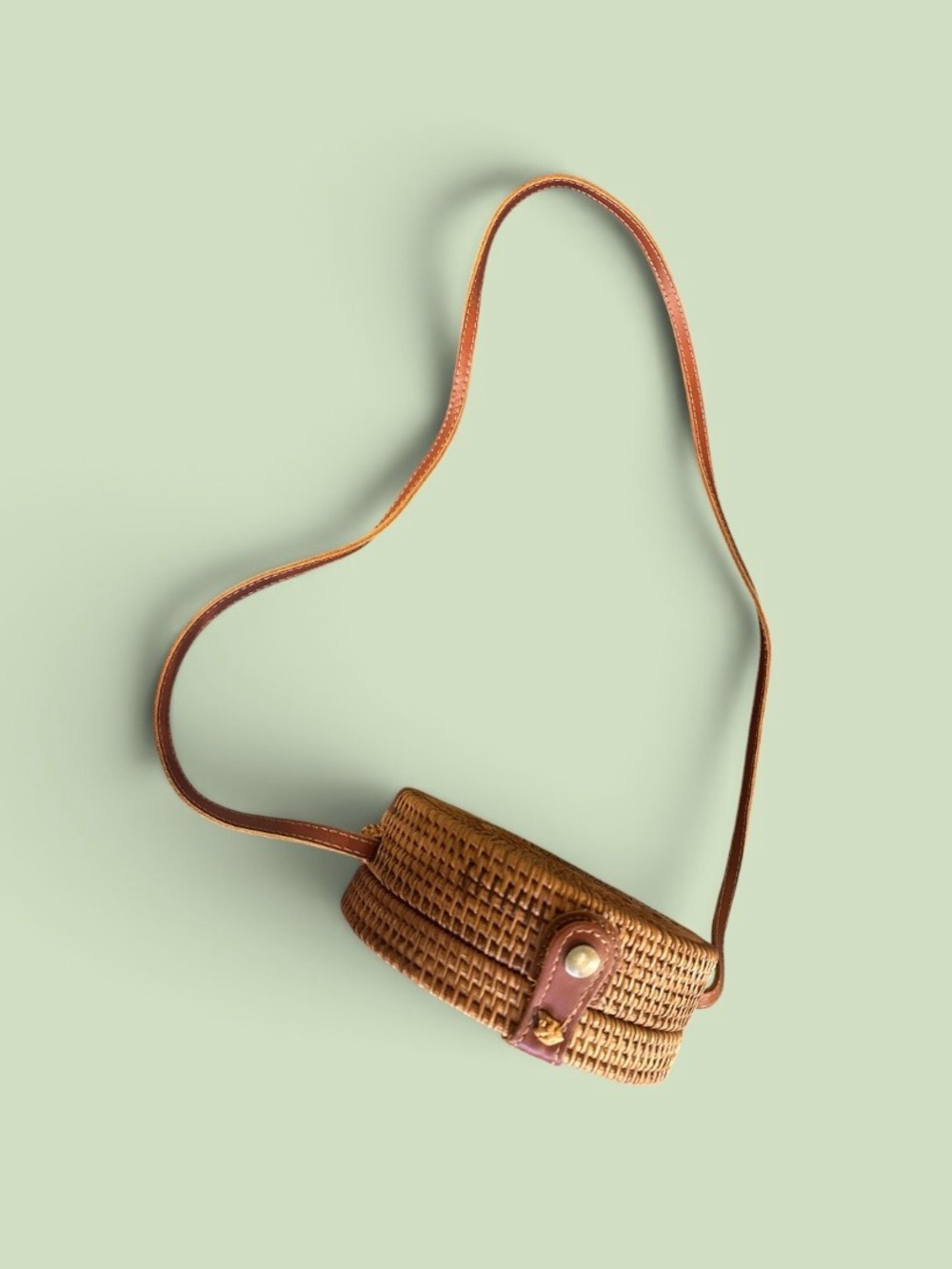 Woven Circular Crossbody Bag in Tan with Tropical Print Interior